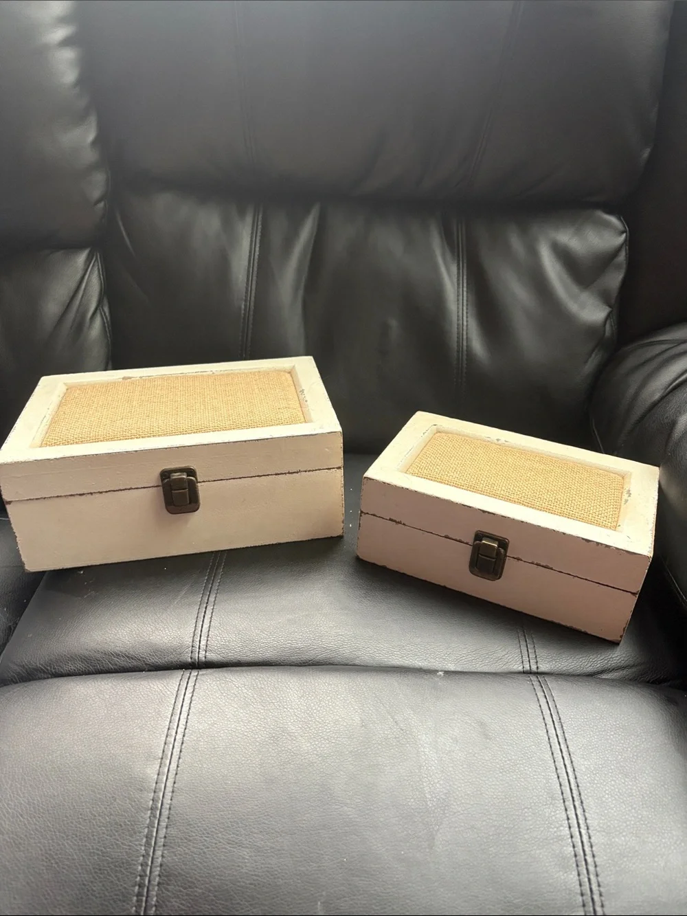 Decorative White Wooden Storage Boxes with Burlap Inlay (Set of 2)